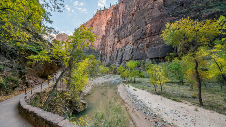 Beautiful paved hike along the Virgin River. Zion National Park, Utah, USA